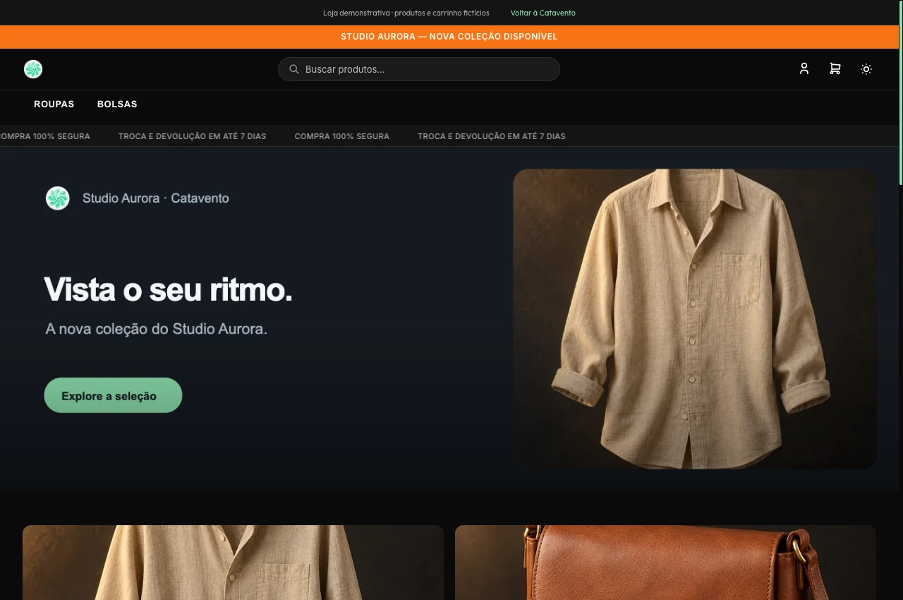 Loja real Catavento no computador: Studio Aurora, com catálogo fictício